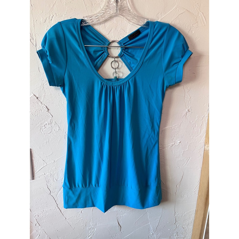 Y2K Candy Rain Turquoise Blue O-Ring Cutout Back Short Sleeve Top Medium USA